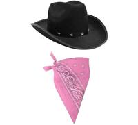 I LOVE FANCY DRESS LTD Cowboy Hat & Cowboy Neckscarf Accessories. Black Star-studded Cowboy Hat & White Bandana. Wild West Western Sheriff. Pack of: 1 | Bandana Colour: Pink