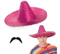 I LOVE FANCY DRESS LTD Mexican Sombreros Accessory Set - Pack of 1 - Pink Sombrero with White Pom Poms and Mexican Moustache - Accessories for Mexican Parties Fiesta Party Unisex