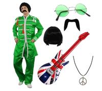 I LOVE FANCY DRESS Mens 60s Pop Sergeant Costume Green Satin Suit Outfit | Mens 1960s pop star outfit, green satin sergeant suit, retro music costume, fancy dress party wear, seventies festival gear