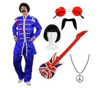 I LOVE FANCY DRESS Men's Blue Retro Band Costume Set - Medium - Jacket, Wig, Red Glasses, Moustache, Union Jack Guitar & Peace Necklace