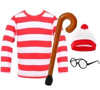 I Love Fancy Dress Men's Find Me Costume - Top, Hat, Glasses & Inflatable Walking Stick - Wheres Wally Inspired Costume in Red | Size: Small I Love Fancy Dress Red Small
