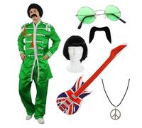I LOVE FANCY DRESS Men's Green Retro Band Costume Set - Medium - Sgt. Style Jacket, Wig, Green Glasses, Moustache, Union Jack Guitar & Peace Necklace