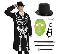 I LOVE FANCY DRESS Mens Skeleton Suit Costume + Skeleton Print Tie + Top Hat + Glow in the Dark Mask - Mens Halloween Dia De Los Muertos (Day of the Dead) Costume (Medium)