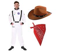 I LOVE FANCY DRESS Mens Space Cowboy Costume Set - Medium - Astronaut Jumpsuit with Brown Cowboy Hat & Red Bandana