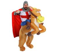 I LOVE FANCY DRESS Mens St George's Knight Costume - English Flag Tunic with Grey Hood and Inflatable Horse Costume - King Arthur Excalibur Funny Novelty Football Six Nations Rugby