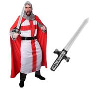 I LOVE FANCY DRESS Mens St George's Knight Costume - English Flag Tunic with Grey Hood and Inflatable Sword - King Arthur Excalibur Football Six Nations Rugby