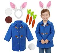 I LOVE FANCY DRESS Mischievous Rabbit Outfit for Kids - Includes Blue Coat, Plush Bunny Ears Headband, Fluffy Tail, 3x Carrot Props & Brown Face Paint Palette - World Book Day Costume