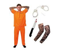 I Love Fancy Dress Orange Prisoner Costume with Handcuffs, Knife & Tattoo Sleeves | Size: Large I Love Fancy Dress Orange Large