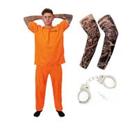 I Love Fancy Dress Orange Prisoner Costume with Handcuffs & Tattoo Sleeves | Size: XS I Love Fancy Dress Orange XS