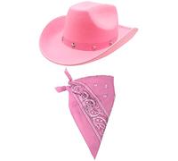 I LOVE FANCY DRESS Pink Cowboy Hat With Star Studded Band & Pink Paisley Bandana Wild West Western Sheriff Bandana