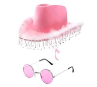 I LOVE FANCY DRESS Pink Diamanté & Marabou Hat and Glasses - Pink Felt Cowboy Hat with Feather Trim & Rhinestone Fringe and Circular Glasses - Adults Music Festival Hen Party Accessory Set