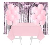 I LOVE FANCY DRESS Pink Party Table & Backdrop Decoration Set - Tablecloth, Balloons & Foil Door Curtains - Birthday, Baby Shower & Celebration Decor