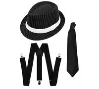 Adults Gangster Fancy Dress Costume 1920s Mob Boss - Black Pinstripe Trilby Hat + Tash + Black Tie + Black Braces