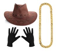 I LOVE FANCY DRESS Robot Rizz Costume Set - Suede Brown Cowboy Hat with Gold Chain and Black Gloves - Western Cowboy Set Perfect for Costume, Festivals, and Themed Parties