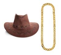I LOVE FANCY DRESS Robot Rizz Costume Set - Suede Brown Cowboy Hat with Gold Chain - Western Cowboy Set Perfect for Costume, Festivals, and Themed Parties