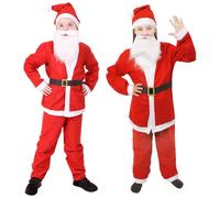 Childs 5 Piece Santa Claus Christmas Fancy Dress Costume - Felt Red/White Jacket + Trousers + Bobble Hat + Belt + White Beard - Large UK 10-12 Years
