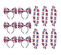 I LOVE FANCY DRESS Union Jack Bow Headbands and Flower Necklaces Accessory Kit - 6 Pack - Red White Blue Flower Garlands VE Day British Events Street party VE Day Commonwealth