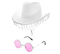 I LOVE FANCY DRESS White Diamanté Cowgirl Hat and Glasses - White Felt Cowboy Hat with Rhinestone Fringe and Pink Circular Glasses - Adults Music Festival Hen Party Accessory Set