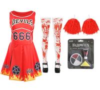 I Love Fancy Dress Women's Devil Cheerleader Costume - Facepaint, Bloody Tights, & Pom Poms in Red | Size: Large I Love Fancy Dress Red Large