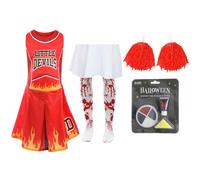I Love Fancy Dress Women's Devil Cheerleader - Facepaint, Bloody Tights, & Pom Poms in Red | Size: Medium I Love Fancy Dress Red Medium