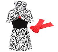Girls Evil Dog Lady Costume - Large - Black Dress with Dalmatian Print Cape and Skirt and Red Gloves - Kids World Book Day Halloween Fancy Dress Costume