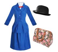 I Love Fancy Dress Women's Magical Nanny Costume - 58cm Plain Bowler Hat & Floral Bag in Blue | Size: XL I Love Fancy Dress Blue XL