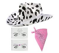 I LOVE FANCY DRESS Y2K Cowgirl Hat Halloween Costume Set - Black Cow Print Cowboy Hat, Pink Bandana and Face Jewel Stickers