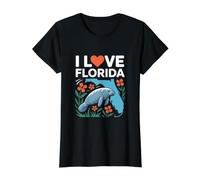 I Love Florida Manatee Map Flowers Value Graphic T-Shirt, Women, Black, M