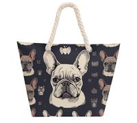 I Love French Bulldog Large Tote Bag for Women, Waterproof Durable Beach Bag with Hemp Rope Handle, Multifunctional Hemp Rope Shopping Bag for Beach Park Travel Work Daily Use