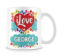 I Love George Mug (Personalised Mug - Add Photo) Customised Love-Heart Rainbow Design Gift