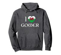 I Love Gower Wales Flag Heart Dragon Welsh Pullover Hoodie, Adult Unisex, Dark Heather Grey, Small
