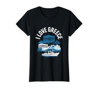 I Love Greece Parthenon Boat Scenic View Value Graphic T-Shirt, Women, Black, L