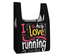 I Love Hate Running Funny Reusable Grocery Bag Printed Fold-able Shopping Bags Washable Tote Lightweight Storage Pouch with Handle