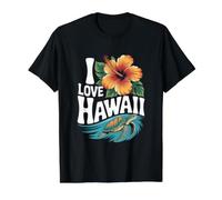 I Love Hawaii Hibiscus Turtle Wave Value Graphic T-Shirt, Men, Black, L