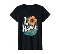 I Love Hawaii Hibiscus Turtle Wave Value Graphic T-Shirt, Women, Black, M