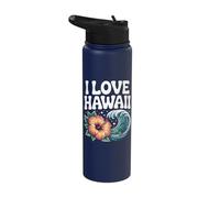 I Love Hawaii Tropical Hibiscus Wave Art Stainless Steel Insulated Water Bottle