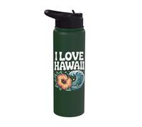 I Love Hawaii Tropical Hibiscus Wave Art Stainless Steel Insulated Water Bottle