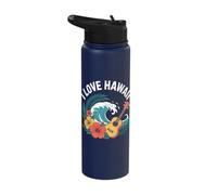 I Love Hawaii Waves Ukulele Hibiscus Style Stainless Steel Insulated Water Bottle
