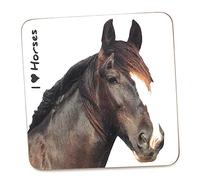 I Love/Heart Horses Dark Brown Horse Pet Coaster For Drinks, Coffee, Tea. 9.5 x 9.5 cm. Birthday Present, Christmas Stocking Filler, Horse Dad/Mum Gift, Horse Lovers.