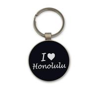 I Love Honolulu Travel City Hawaii USA Keychain, Black Glass Circle Design, Custom, Steel Keyring