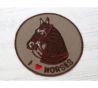 I Love Horses Badge Embroidered Iron On Motif Applique Brown - each