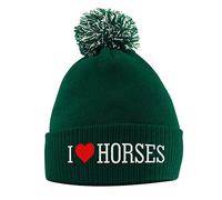 I Love Horses Hat - Bobble Beanie Hat - Horse Riding Gifts for Girls - Winter Beanie Hat with Horse Slogan Embroidered On The Front Bottle Green