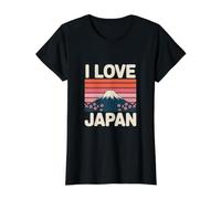I Love Japan Mount Fuji Cherry Blossoms Retro Value Graphic T-Shirt, Women, Black, L