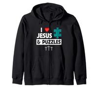 I Love Jesus and Jigsaw Puzzles Fun Game Christian Cross Zip Hoodie
