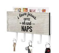 I Love Jesus Coffee and Naps Key Holder for Wall, Quotes Mail Holder and Key Rack for Entryway,Rustic Key Hangers with 5 Hooks, Wall Mount for Entryway, Mudroom, Hallway