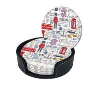 I Love London Print Chic Round Leather Coasters â€“ Set Of 6 Full-Print Coasters In A Premium Pu Leather Storage Box