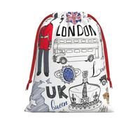 I Love London Print Christmas Drawstring Gift Bags, Xmas Holiday Fabric Gift Wrapping Bag For Party, Size-L