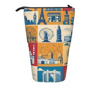 I Love London Print Telescopic Standing Pencil Bag Polyester Pen Holder Stationery Office Organizer Box, Black, One Size, Art Deco