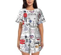 I Love London Women'S Pajama Set Lounge Wear With Short Sleeve Tops And Shorts For Relaxed Home Black