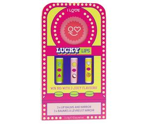 I LOVE Lucky Lips Lip Balm Gift Set 3 Hydrating Lip Balms with Branded Compact Mirror Moisturising Lip Care with Sweet Flavours - Nourishing, Smooth & Glossy Finish - Vegan-Friendly 3x 4g